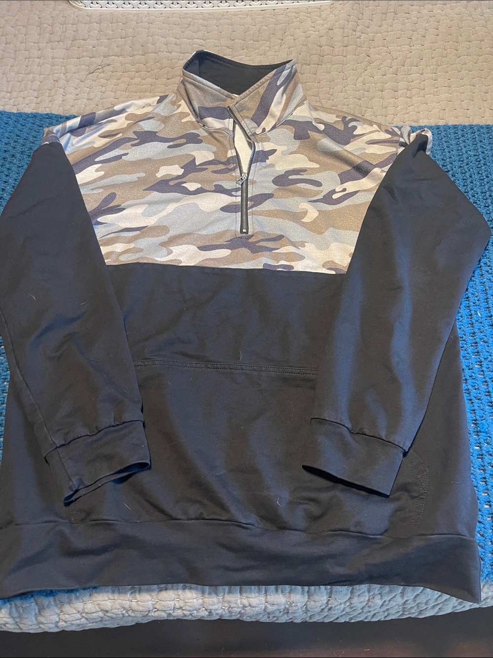 Women’s Black Pullover Quarter-Zip Sweatshirt with Camo Yoke